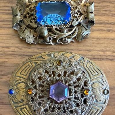 Two Victorian Art Nouveau Brass & Large Glass Stone Sash Brooch Pins (1) Missing One Stone 