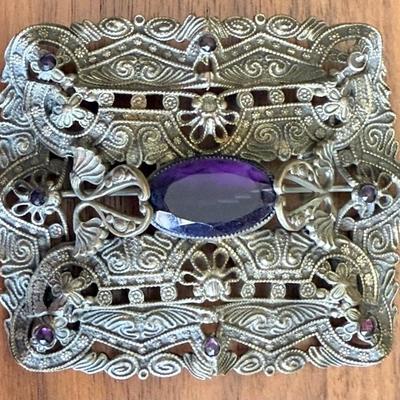 Victorian Brass & Amethyst Stone Elaborate 3.25 Inch Brooch Sash Pin 