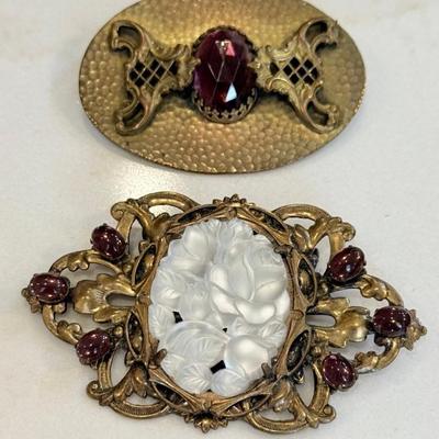 Antique Victorian Brass Sash Pin And Carved Lucite Rose And Purple Glass Sash Pin Brooch