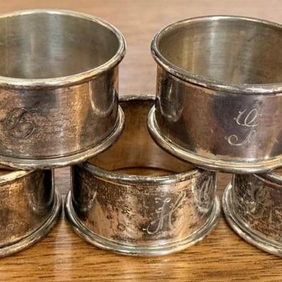 (5) Antique Sterling Silver Initialed Napkin Rings - 79.59 Grams Total