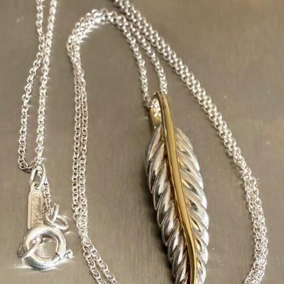Tiffany & Company 18K Gold & Sterling Silver Leaf Pendant With 18" Tiffany & Co Sterling Silver Chain - 4.9 Gr