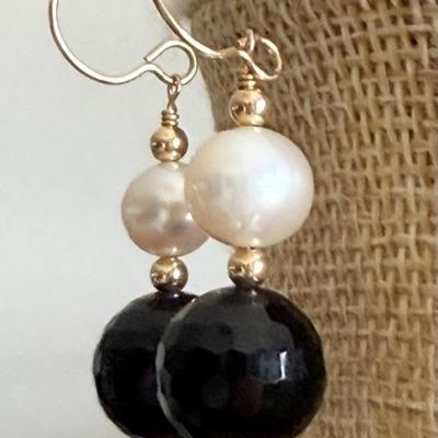 14K Gold Wire Earrings - Fresh Water Pearls & Black Faceted Beads 