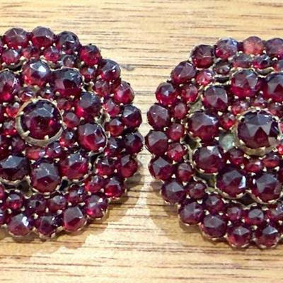 Pair Of Antique Victorian Bohemian Garnet Clip On Earrings