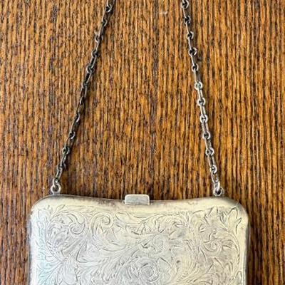 Antique Sterling Silver Engine Turned Chain Handled Purse W Coin Purse - Total Weight 96.61 Grams 