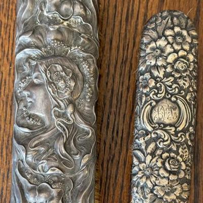 (2) Sterling Silver Art Nouveau Female Motif Brush Floral Brush - 141.36 Grams Total
