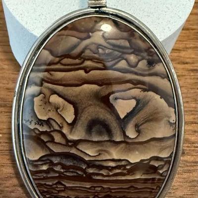 Vintage Picture Jasper & Sterling Silver 3 Inch Pendant 