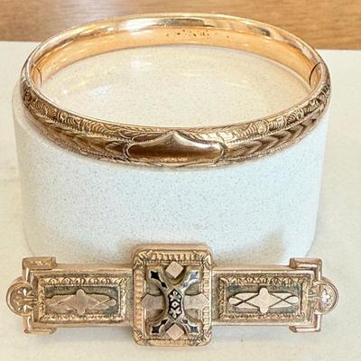 Antique Victorian Gold Filled And Black Enamel Bar Pin And A Gold Filled Hinged Bangle Bracelet