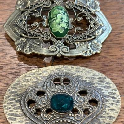 (2) Antique Art Nouveau Green Glass Buckles