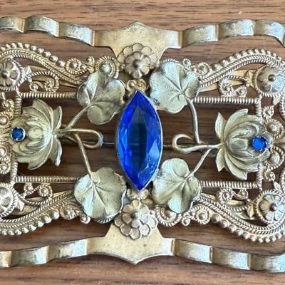 Lovely Art Nouveau Brass 2.75 Inch Sash Pin Brooch With Blue Faceted Glass 