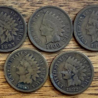 (5) Indian Head Pennies - 1880, 1883, 1897, 1900, 1882