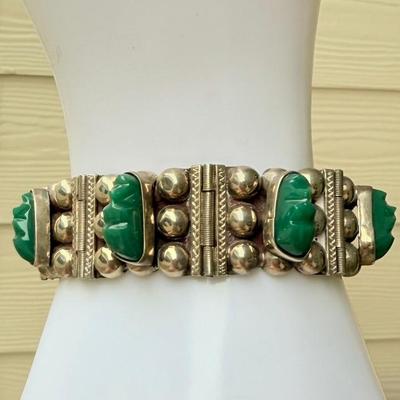 Vintage Silver Mexico Green Carved Stone 7" Panel Bracelet - 41.61 Grams Total