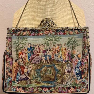 Antique French Petite Point Figural Tapestry Bag  - Seed Bead Red Garnet Frame & Pink Silk Lining W Coin Bag 