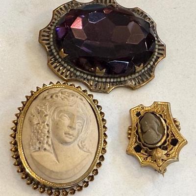 (2) Antique Victorian And Art Deco Gold Filled Lava Carved Cameo Pins, Large Purple Stone Brass Pin 