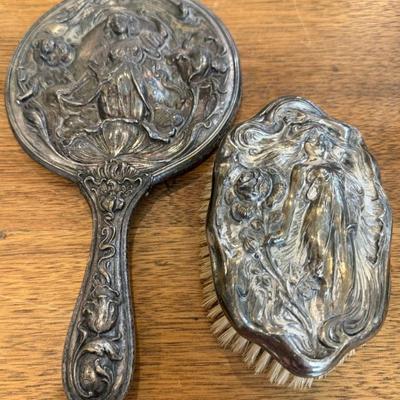 Antique Art Nouveau Silver Plate Clothes Brush And Mirror