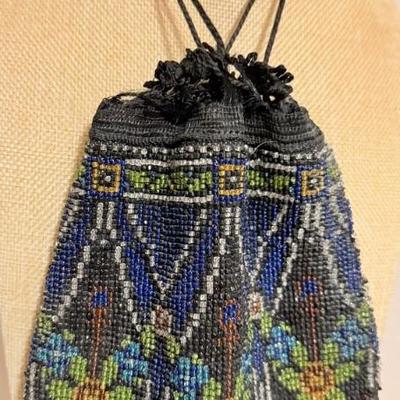Antique Figural Seed Bead Crochet Top Drawstring Purse Bag 
