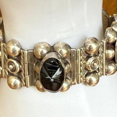 Vintage Mexico Sterling Silver Onyx Carved Mask 7 Inch Panel Bracelet - Total Weight 46.53 Grams 