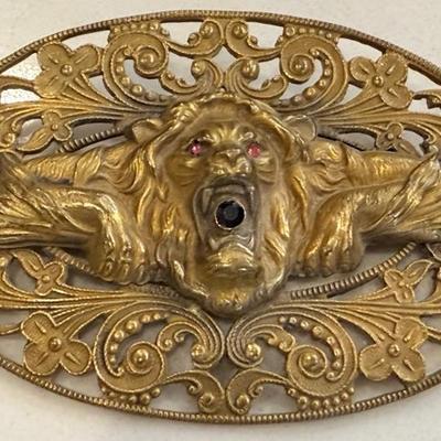 Antique Victorian Brass Lion And Stone F & B Sash Pin Brooch