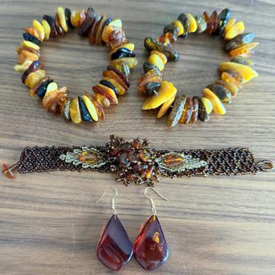Baltic Amber & Seed  Bead Bracelet & (2) Hand Strung Mixed Natural Amber Chunky Bead W Pair Of Earrings 