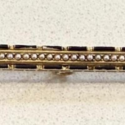 Antique 14k Gold Art Deco Bar Collar Pin With Seed Pearls And Enamel - 6 Grams Total