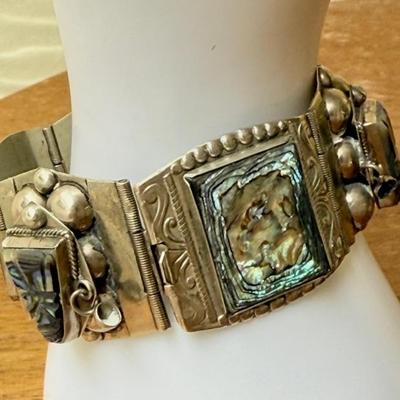 Sterling Silver Taxco Mexico Carved Abalone 7" Panel Bracelet