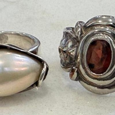 (2) Sterling Silver Rings - Garnet And Freshwater Pearl Both Size 6 - 10.85 Grams Total