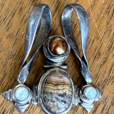 Sterling Silver - Crazy Lace Agate And Fresh Water Pearl Pendant - Total Weight 14.96 Grams 