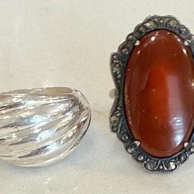 (2) Vintage Sterling Silver Rings - (1) Carnelian And Marcasite By Uncas Mfg. Co. - Size 7 - 14.16 Grams Total