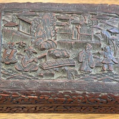 Antique Cinnabar Hand Carved Jewelry Box With Metal Lining And Black Lacquer