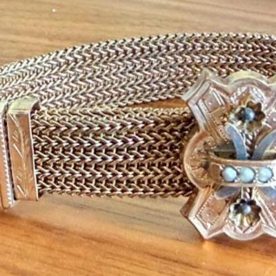 Stunning Edwardian Gold Filled Mesh Slide Bracelet With Seed Pearls & Tassel 