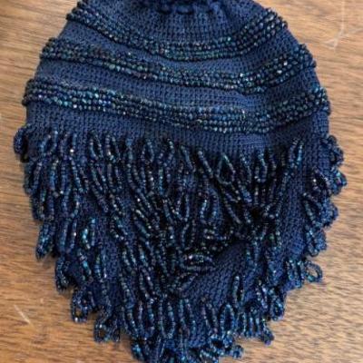 Victorian Antique Hand Crocheted Carnival Glass Bead Drawstring Purse