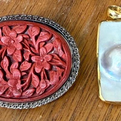 Antique Chinese Sterling Silver Hand Carved Cinnabar Pin & Blister Pearl W 9k Gold  325 Frame 