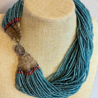 Gorgeous Konyak Naga 52 Strand Turquoise Blue Glass Trade Bead Necklace 