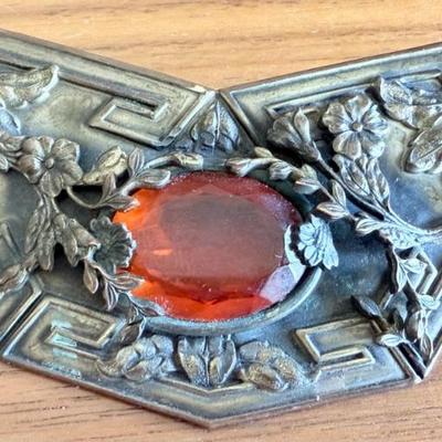 Victorian Antique 3.5 Inch Brass & Faceted Glass Sash Pin Brooch 