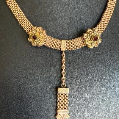 Gorgeous Edwardian Antique Mesh Slide 14 Inch Choker Necklace With Garnet & Seed Pearl 