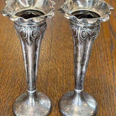 (2) Antique English Art Nouveau Sterling Silver Weighted Trumpet Vases - 315.84 Grams Total