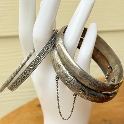 (2) Vintage Sterling Hinged Bangle Bracelets And (2) Sterling Floral Motif Bangle Bracelets - (1) Danecraft