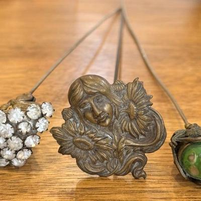 (3) Stunning Art Nouveau 9.5 - 10.5" Hat Pins - Brass, Rhinestone, And Glass