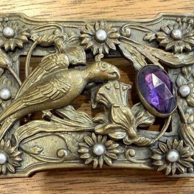 Antique Art Nouveau Amethyst Pearl Brass Belt Buckle 