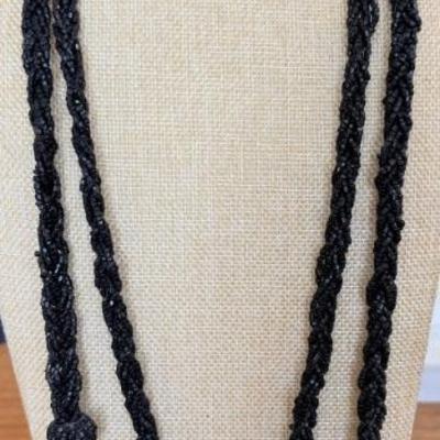 Antique 70" 1920's Flapper Lariat Black Seed Bead Tassel Necklace 