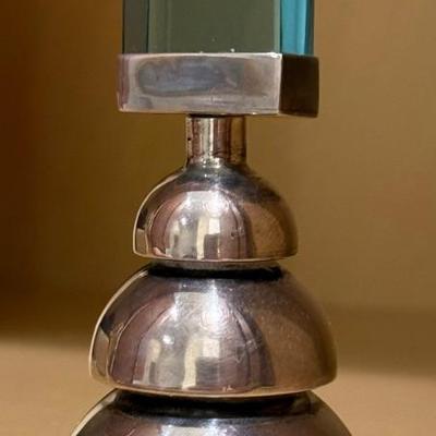 Mid Century Modernist Taxco Mexico Sterling Silver Perfume Bottle With Faceted Teal Glass Top - 70.72 Grams 