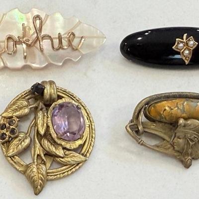 Art Nouveau Purple Stone Clip And Snake Motif Pin, Black Glass Pin, Mother Of Pearl Sophie Pin