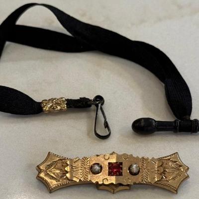 Victorian Wood And Gold Tone Watch Chain And A Victorian Gold Filled Etched Collar Pin