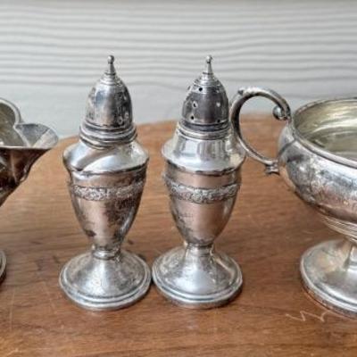 Pair Of Sterling Silver Salt And Pepper Shakers (as Is) And A Sterling Silver Weighted Cream And Sugar - 271 G