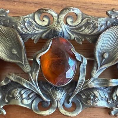Art Nouveau Brass & Orange Stone 3.25 Inch Sash Brooch Pin 