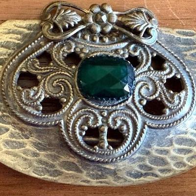 Antique Art Nouveau Brass And Faceted Green Glass Buckle 