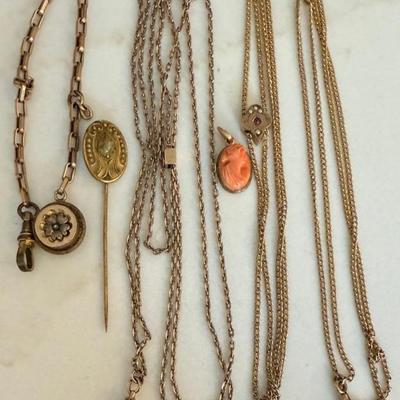 Art Nouveau Stick Pin, Floral Watch Fob, (2) Slide Fobs Red Stone And Seed Pearls 