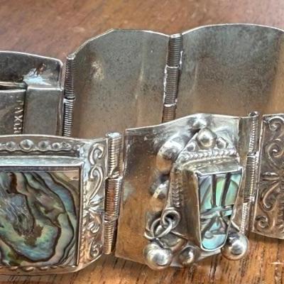 Vintage Sterling Silver Carved Abalone Taxco Mexico 7" Panel Bracelet - 36.74 Grams Total