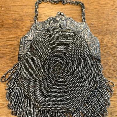 Antique German Silver Steel Microbead 1901 Fringe Chatelaine Belt Clip Leather Purse