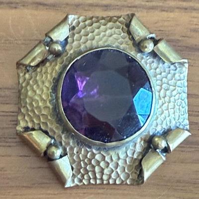 Rare Arts And Crafts George Steer Large Amethyst Faceted Glass Brooch Pin 