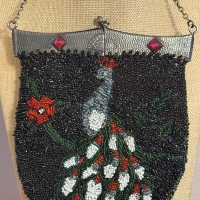 Antique Art Deco Seed Bead Double Sided Peacock Figural Double Sided Purse Bag Hinged Square Fold Frame